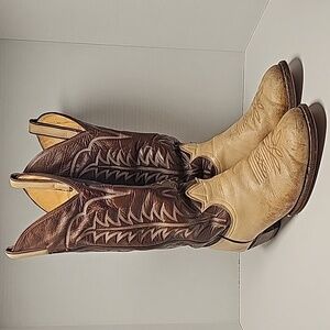 VTG Tony Lama Cowboy Boots 6520 Western Rodeo Brown Tan Leather Gold Label 7.5 D